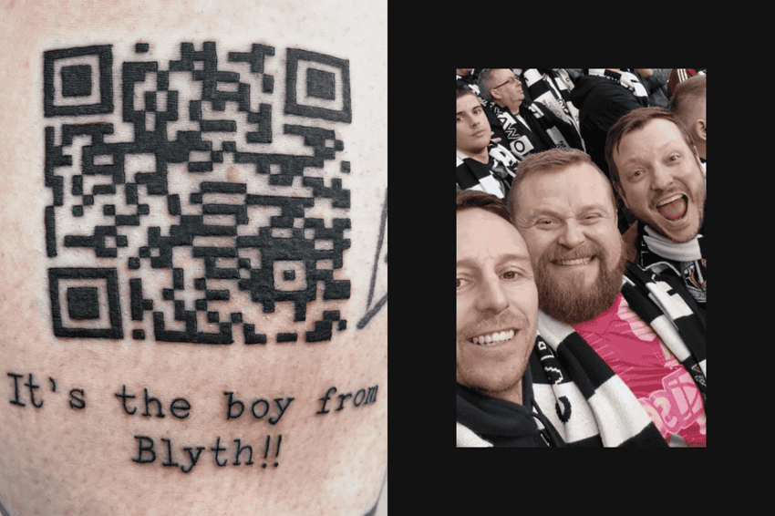 Graeme Davison (centro) é o torcedor do Newcastle que tatuou QR Code com gol do título