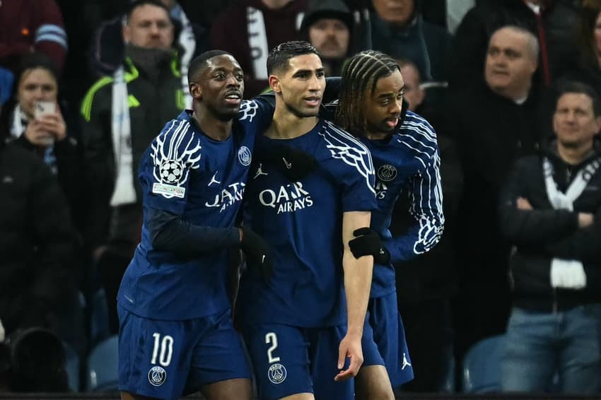 Hakimi comemora gol do PSG contra o Aston Villa na Champions