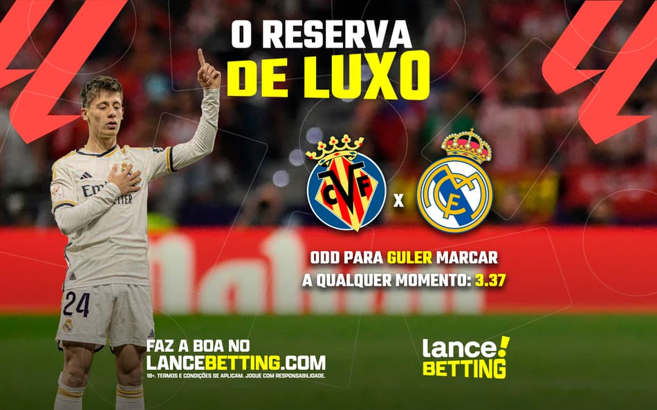 Joia merengue! Aposte R$100 e ganhe mais de R$309 se Arda Güler marcar em Villarreal x Real Madrid!