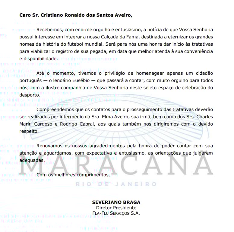 Carta enviada a Cristiano Ronaldo pelo Maracanã