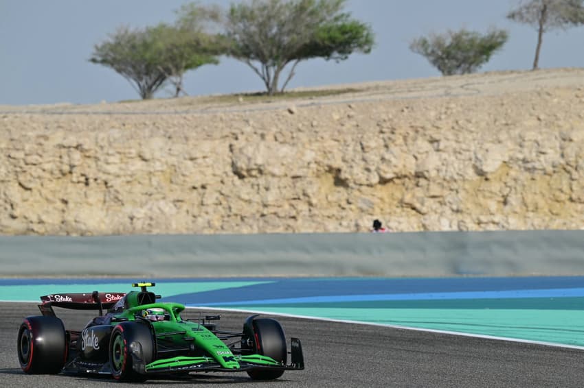 Kick Sauber's Brazilian driver Gabriel Bortoleto drives during the third practice session ahead of the Bahrain Formula One Grand Prix at the Bahrain International Circuit in Sakhir on April 12, 2025. (Photo by Giuseppe CACACE / AFP)