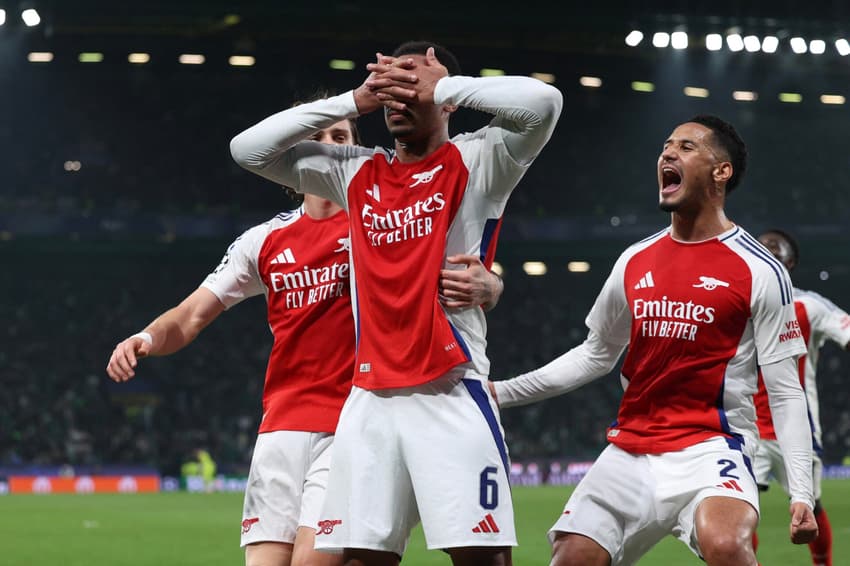 Gabriel Magalhães marcou pelo Arsenal na Champions League no jogo da fase de liga contra o Sporting (Foto: Filipe Amorim/AFP)