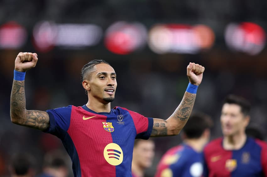 Jogos de hoje: Raphinha, atacante do Barcelona, comemora gol contra o Real Madrid na Supercopa da Espanha (Foto: Haitham-Shukairi/AFP)