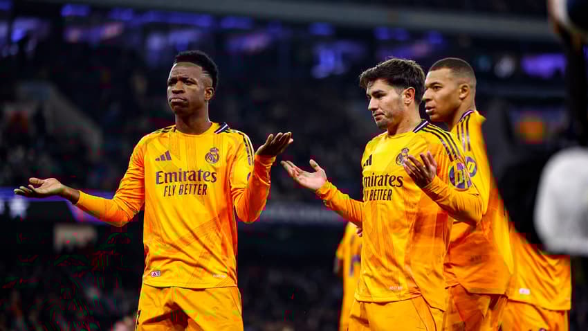 Jogadores do Real Madrid celebram no Etihad Stadium, casa do Manchester City, pela Champions League (Foto: Reprodução/X)